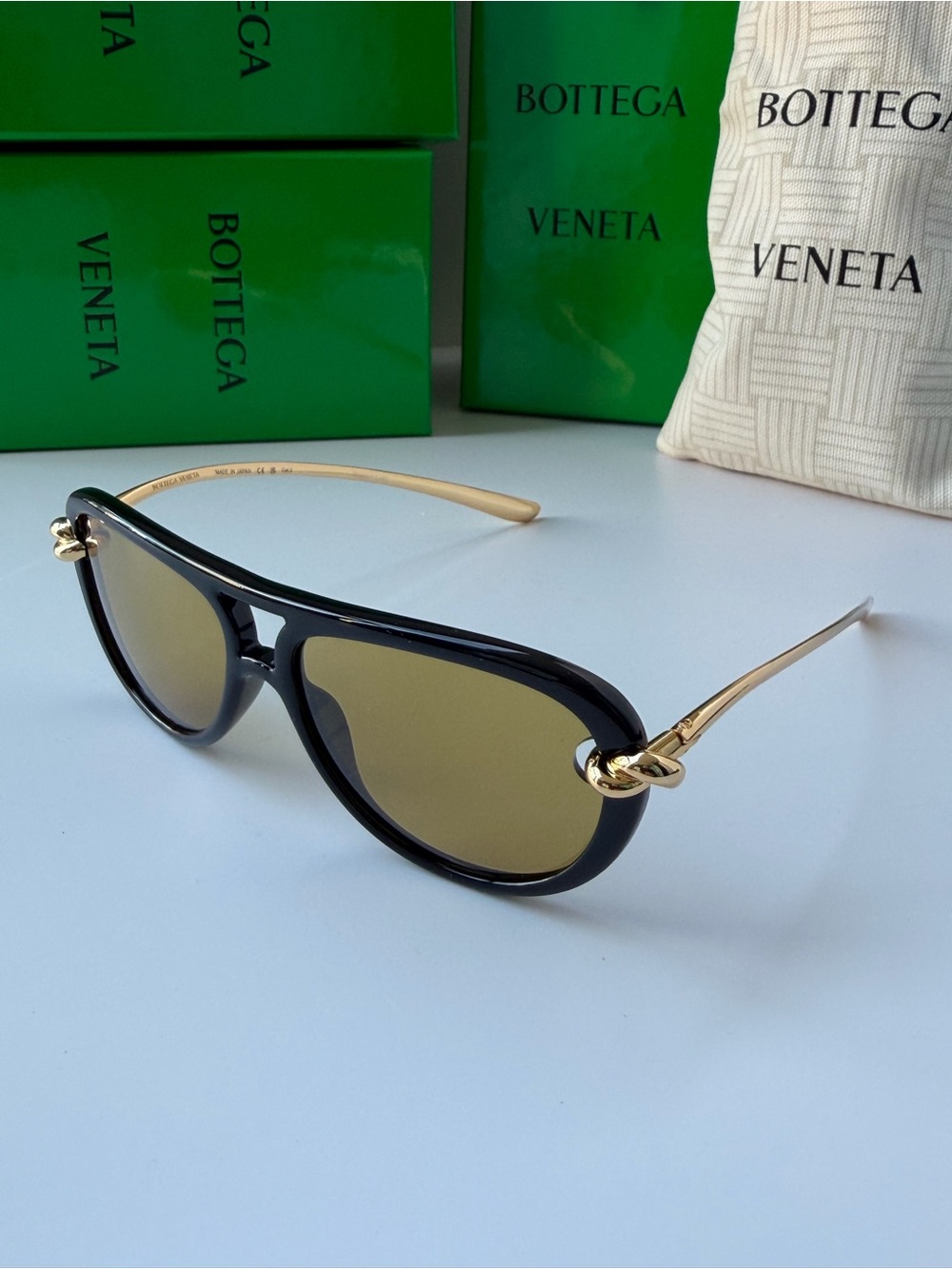 BOTTEGA VENETA BV1418S 001 Gold Black Unisex KNOT Pilot Sunglasses AUTHENTIC